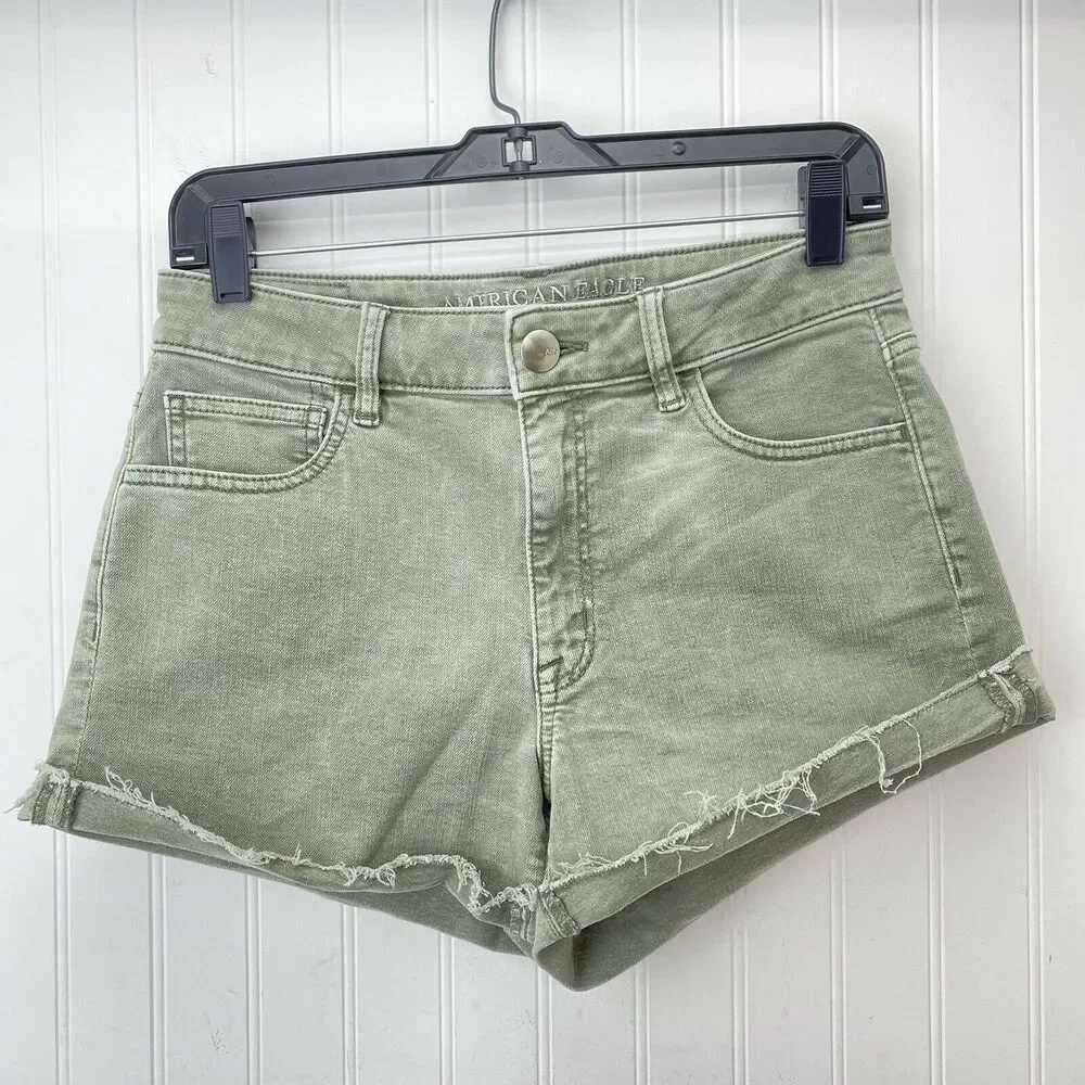 American Eagle Shorts Hi-Rise Shortie Sz 8 Super Super Stretch Green Denim Fray